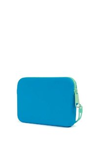 Funda azul con cremallera hecha de material duradero y con una textura suave, que presenta una cremallera y una lengüeta de tirador en un brillante color verde menta.