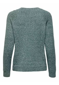 Grüner, gestrickter Pullover mit Rundhalsausschnitt, langen Ärmeln und glatter Textur. Der Rücken ist einfarbig mit minimalen Details.