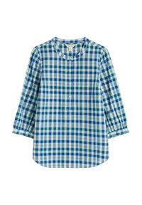 Karohemd in Blau- und Grüntönen mit Rundhalsausschnitt, Knopfleiste und kurzen Ärmeln mit elastischen Bündchen.