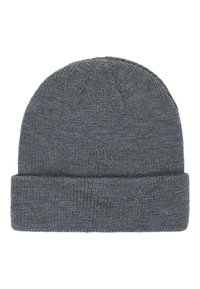 Grijze gebreide beanie met een opgerold omslag, geribbelde textuur en naaddetails op de bovenkant. De stof heeft een zachte uitstraling.