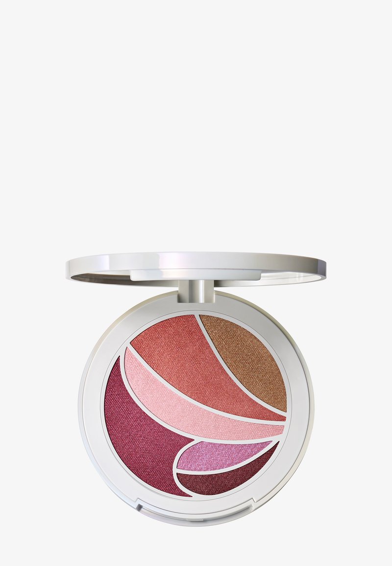 Palette de maquillage ronde avec un couvercle argenté réfléchissant. Contient cinq teintes : bourgogne foncé, rose doux, pêche clair, bronze cuivré et rose pourpre.