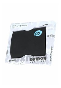 Portefeuille vegan noir avec emblème de lion bleu, protégé RFID, présenté dans un emballage blanc de la marque Oxmox Moneybox.