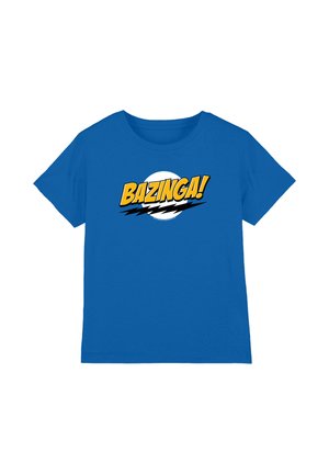 Blue short-sleeve T-shirt with "BAZINGA!" in yellow bold letters and a white circle and black lightning bolts behind the text on the front.