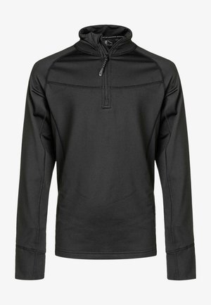 Pullover nero realizzato in tessuto liscio e elasticizzato. Presenta una chiusura a zip a quarto di lunghezza, dettagli con cuciture in rilievo e maniche lunghe con fori per il pollice.