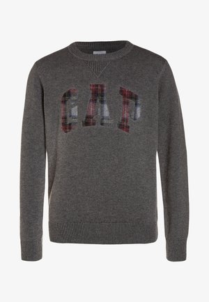 Ciemnoszary sweter z dzianiny z długimi rękawami i ściągaczami, z wyblakłymi kraciastymi literami "GAP" na piersi.