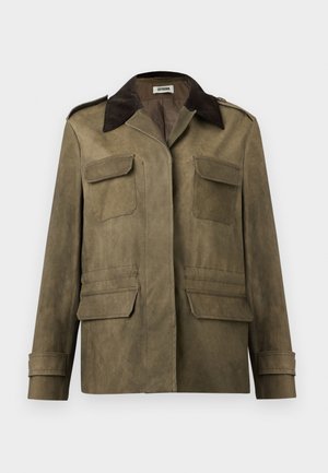 Men’s olive green suede jacket with dark brown corduroy collar, four flap pockets, and buttoned cuffs.
