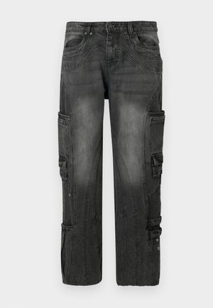 Svarta cargobyxor med en blekt finish, med flera sidofickor och sydda detaljer på låren. Tjock denimmaterial.