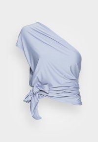 Lichtblauw één-schouder mouwloos top met een brede halslijn en een gestrikt detail aan de rechter taille.