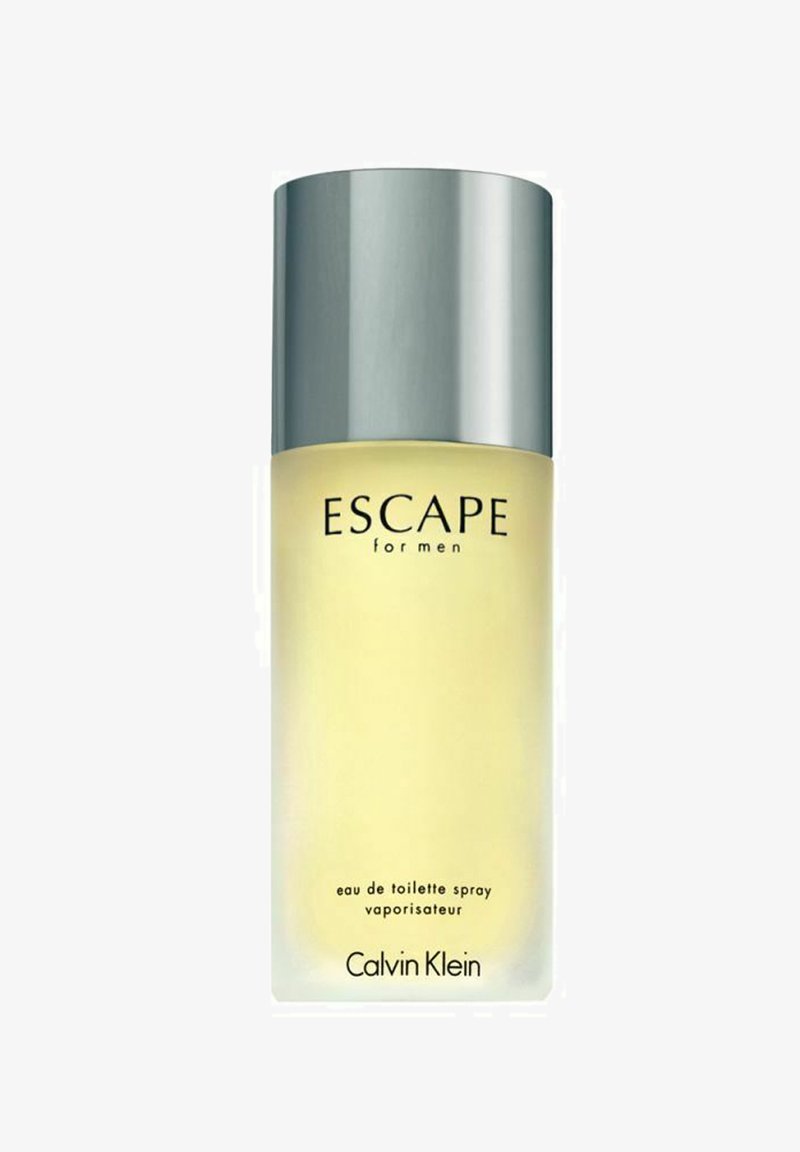 Selkeä lasipullo, jossa on hopeinen korkki ja keltainen sisustus. Tekstissä lukee "ESCAPE for men eau de toilette spray" ja "Calvin Klein" -logo.