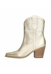 Metallic gold cowboy boots with a textured finish, pointed toe, and stacked wooden heel. Features a pull tab for easy wear.