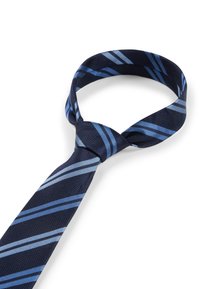 Navyblauer Krawatte mit diagonalen hellblauen Streifen, strukturiertem Stoff und einem normalen Knoten. Klassisches Design, geeignet für formelle Anlässe.