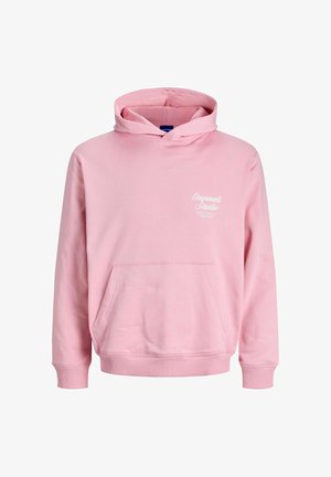Hoodie i lys rosa, laget av mykt stoff. Har en frontlomme og hvit trykt logo på venstre bryst. Ribbestrikkede mansjetter og kant.
