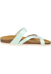 Light blue leather slide sandal with crisscross straps, cork footbed, and white rubber outsole. Features a buckle accent on the strap.
