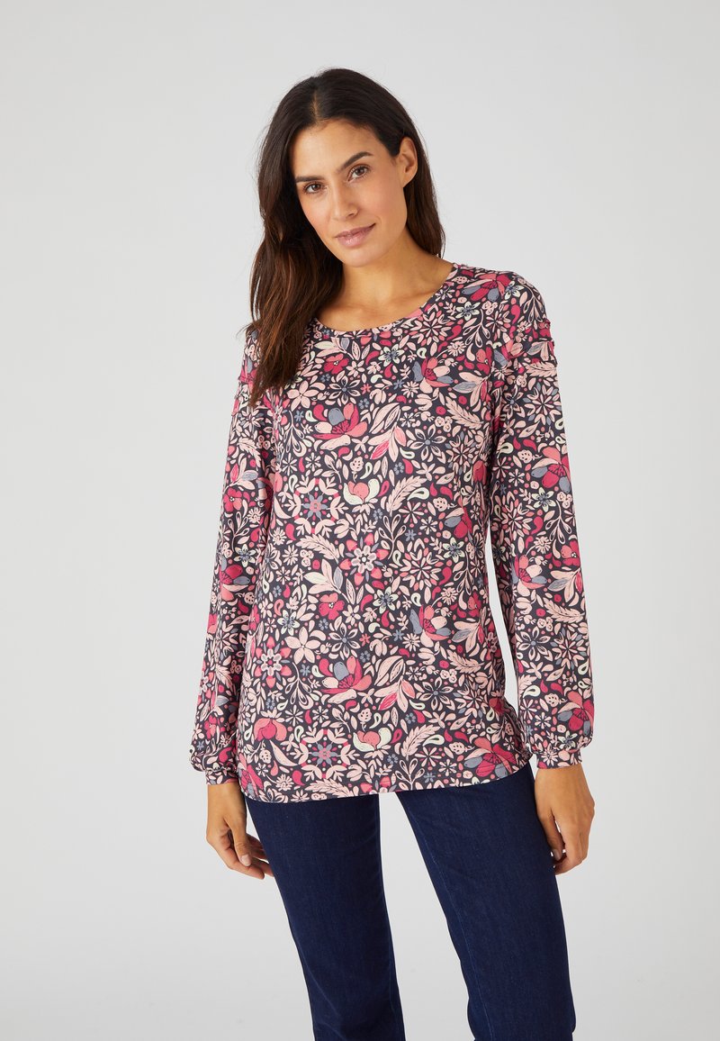 Camicia a maniche lunghe con stampa floreale in tonalità rosa e blu navy, con colletto tondo e maniche arricciate, realizzata in un morbido tessuto testurizzato.