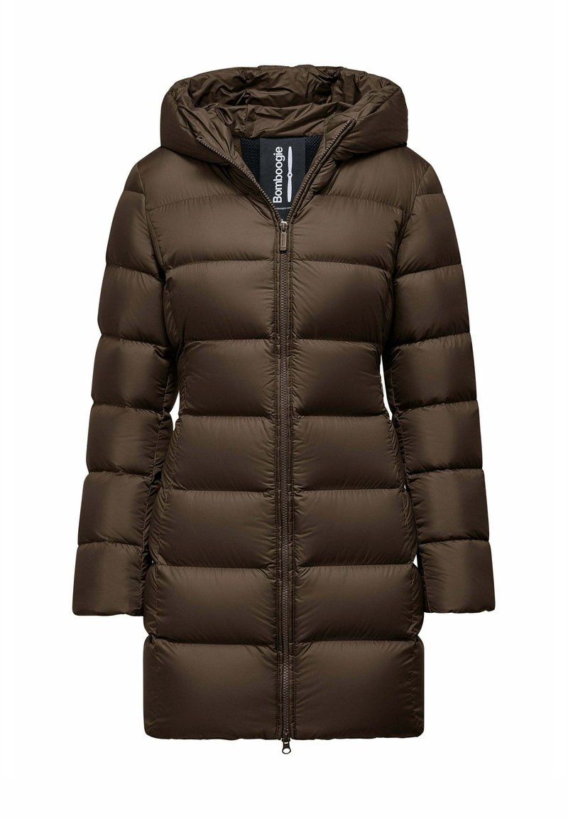 Cappotto imbottito marrone con cappuccio, dotato di chiusura frontale a zip, design trapuntato e superficie liscia e lucida. Maniche lunghe e lunghezza fino ai fianchi.