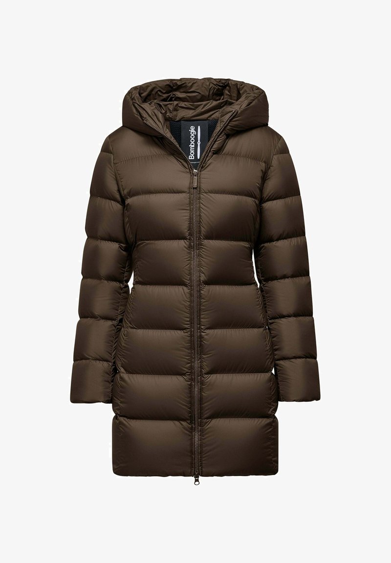 Cappotto imbottito marrone con cappuccio, dotato di chiusura frontale a zip, design trapuntato e superficie liscia e lucida. Maniche lunghe e lunghezza fino ai fianchi.