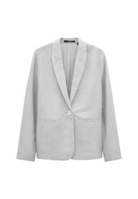 Light gray blazer made of textured fabric. Features a single button, notch lapels, and two front pockets. Casual, modern design.
