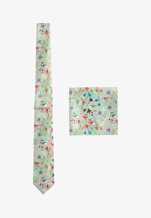 Hellgrünes Seideneinstecktuch und Krawattenset mit pinkem, lila und blauem Blumenmuster.