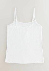 Witte katoenen tanktop met dunne verstelbare bandjes, een rechte halslijn en een gladde, eenvoudige textuur. Geen patronen of versieringen.