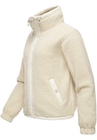 Kreemikas fleece-jakk, millel on tõmbluku esiosa, elastsed mansetid ja küljetaskud. Tekstuuriga materjal siledast voodrist. Kõrge kraedisegn.