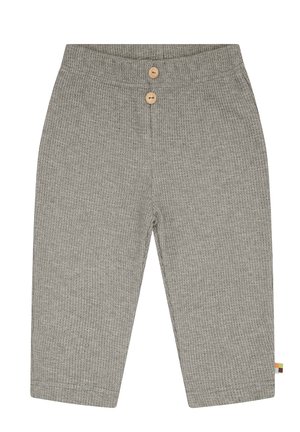 Grijze geribde broek met een zachte textuur, een elastische tailleband en twee houten knopen aan de voorkant, met een klein gekleurd label aan de zijkant.