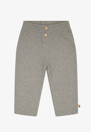 Pantaloni grigi a coste con una texture morbida, vita elasticizzata e due bottoni di legno davanti, con un piccolo etichetta colorata sul lato.