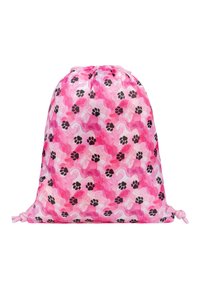 Borsa con cordino realizzata in tessuto rosa lucido, con un motivo ondulato e impronte di zampe nere. Forma arrotondata con parte superiore arricciata e dettagli sui lati.