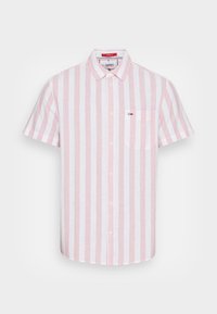 Camicia a maniche corte con bottoni in rosa chiaro e strisce verticali bianche, con una tasca sul petto e un'etichetta con logo.