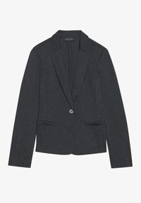 Blazer gris oscuro hecho de tela texturizada. Cuenta con un cuello con solapa, cierre de un solo botón y dos bolsillos frontales. Ajuste entallado.