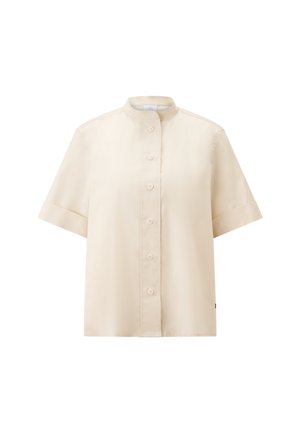 Korte mouwen, beige, geknoopte blouse van gladde stof, met een knoopsluiting aan de voorkant en een ronde zoom. Bevat geen extra patronen of accenten.