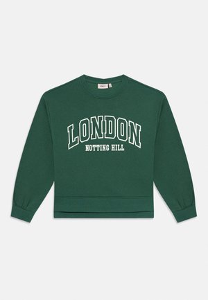 Tume roheline ümar-kaelusega dressipluus valge tekstiga "LONDON", mis kaarega asub peal "NOTTING HILL" all, pikad varrukad ja soonikkoes mansetid.