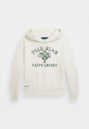 Krämfärgad hoodie med dragsko i huvan, med en grön grafik av en björn och texten "POLO BEAR RALPH LAUREN" på framsidan.
