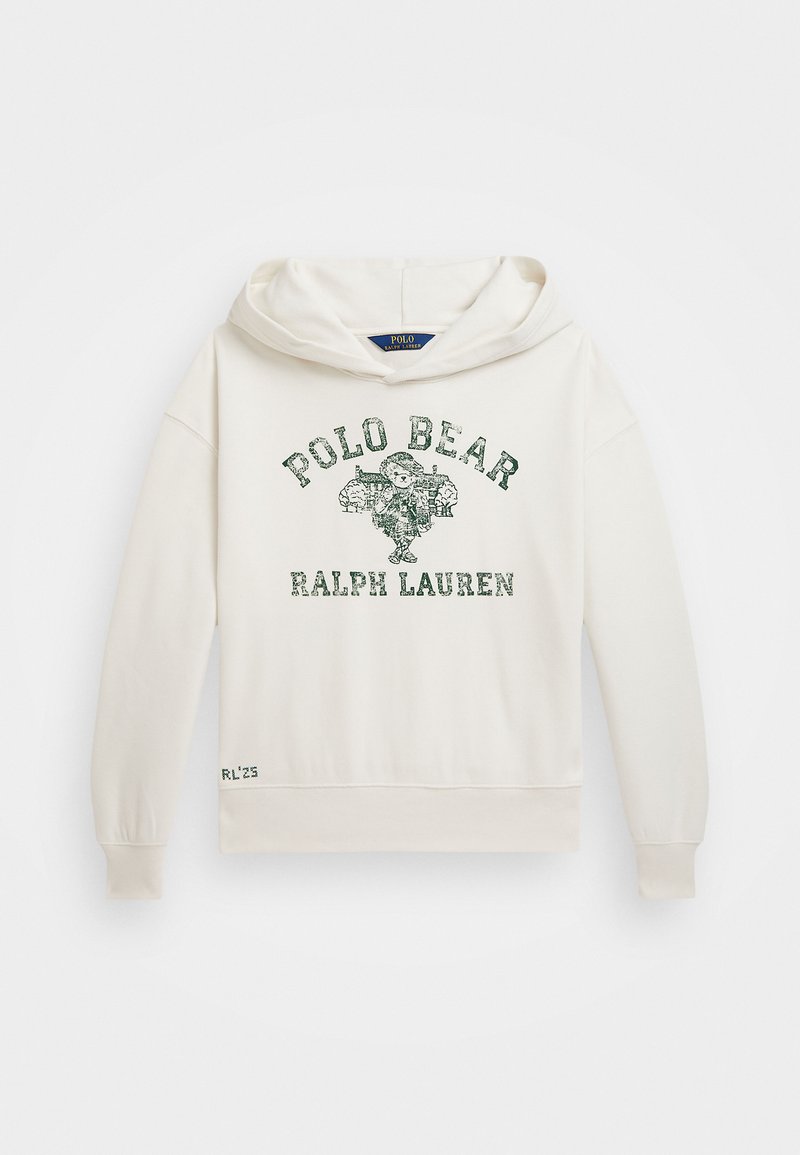 Sweatshirt de cor creme com capuz ajustável, apresentando um gráfico verde de um urso e o texto "POLO BEAR RALPH LAUREN" na frente.
