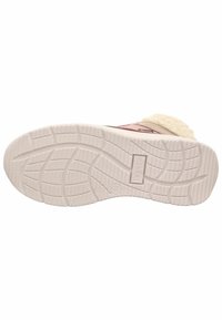 Sola di scarpa rosa chiaro con gomma bianca texture, caratterizzata da un motivo a zigzag e logo del marchio in rilievo. Morbida texture simile alla pelliccia nella parte superiore.