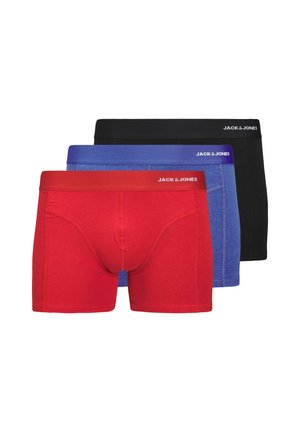 Drei Herren-Boxershorts in Rot, Blau und Schwarz. Aus Baumwolle gefertigt, mit elastischen Taillenbändern und "JACK & JONES"-Markenlogo.