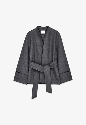 Gray wool wrap coat with wide sleeves, black piping, and a tied belt. Features a deep neckline and soft texture.