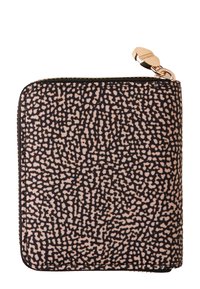 Zippered wallet with a textured pattern in black and beige. Material appears fabric-like, with gold hardware accent at the zipper pull.