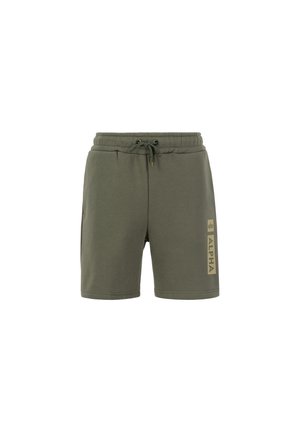Olivově zelené šortky vyrobené z měkké tkaniny, s elastickým pasem na šňůrku a bočním potiskem loga ve zlaté barvě.