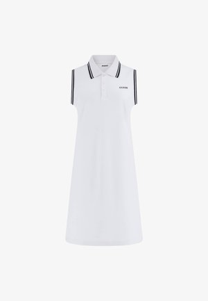 Valge ilma varrukateta polo kleit kraega, millel on kolm nuppu ja mustad külgmised triibud. Rinnaosas on tikand "GUESS".