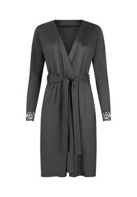 Robe portefeuille gris foncé à manches longues, ceinture à nouer à la taille, et accent en dentelle sur les poignets. Matière douce avec une texture lisse et un décolleté en V.