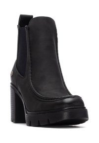 Stivaletto in pelle nera con pannelli elastici laterali, tacco alto a blocco e suola scolpita. Presenta cuciture a vista e una forma della punta rotonda.