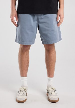 Man wearing light blue shorts, white socks, and white sneakers with black stripes standing on a plain light background.