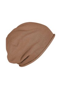 Brown knitted beanie with a slouchy design, textured pattern, and a rolled hem at the edge, crafted from flexible fabric.
