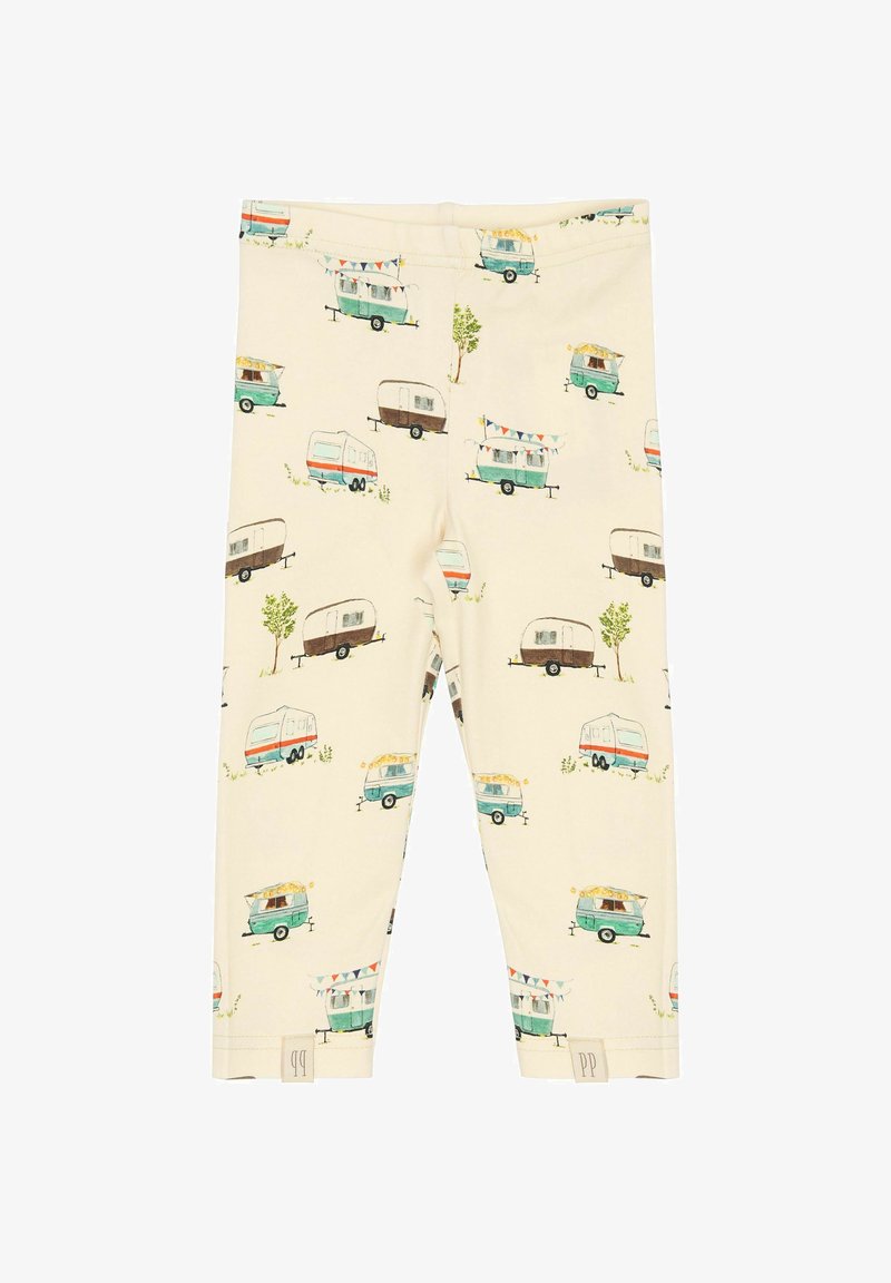 Leggings en tissu doux avec un fond beige clair orné de motifs de fourgons et d'arbres colorés. Taille élastique, coupe ajustée.
