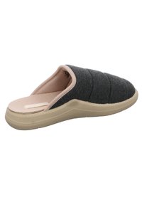 Gray fabric slipper with a quilted design, soft beige lining, and a textured rubber sole. Slip-on style with rounded toe and no closures.