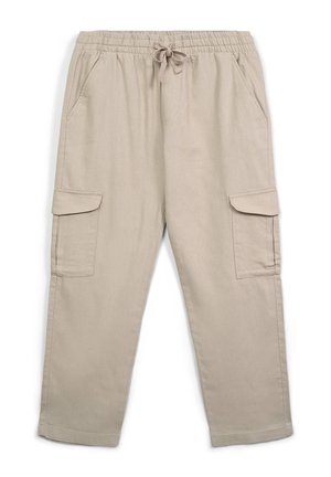 Beige Cargo-Hosen mit elastischem Bund, verstellbarem Kordelzug und Seitentaschen. Aus weichem Stoff gefertigt, für Komfort und Funktionalität konzipiert.