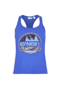 Niebieski bezrękawnik z bawełny z okrągłym nadrukiem przedstawiającym palmy i deskę surfingową, oznaczony napisem "O'Neill".