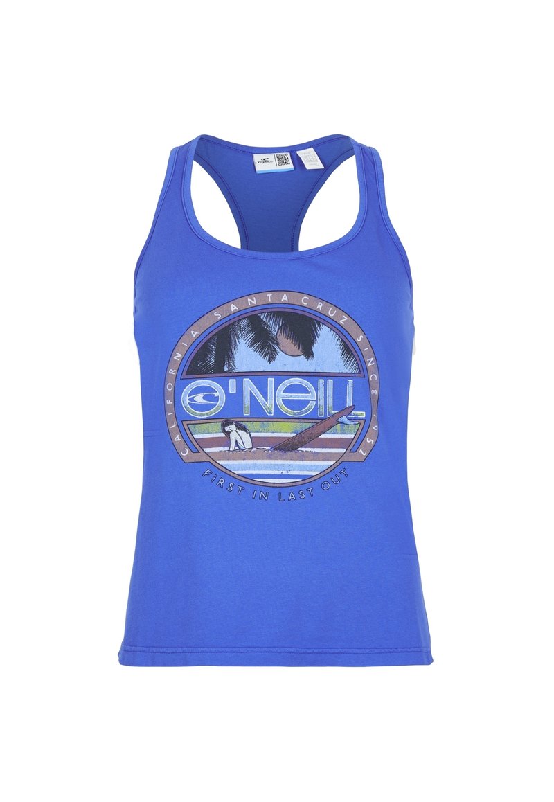 Niebieski bezrękawnik z bawełny z okrągłym nadrukiem przedstawiającym palmy i deskę surfingową, oznaczony napisem "O'Neill".