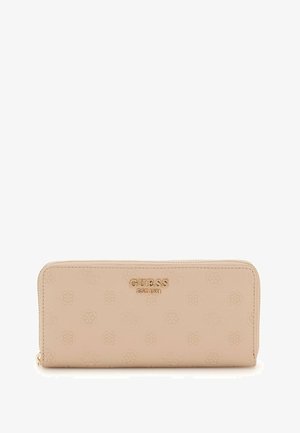 Beige zip-around wallet featuring a textured surface with embossed logo patterns and gold-tone hardware. Measures approximately 8 inches long.