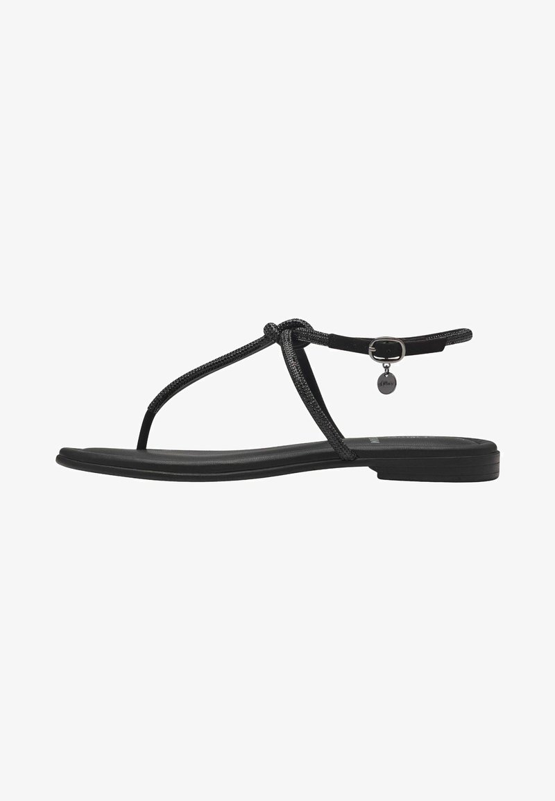 Musthave mustikad sandalid sõlme kujundusega, millel on lame tald ja väike ümmargune metalldetail pahkluu rihmal.